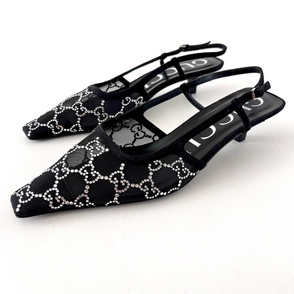 GUCCI | Tom GG Crystal Black Mesh Kitten Heel Pointed Slingback Pumps EU 39 - Picture 1 of 12